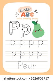 Printable worksheet with cute kawaii fruit theme for kids to trace alphabet letters while learning about healthy fruits fun activity for preschool and kindergarten education.