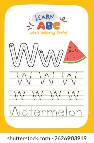 Printable worksheet with cute kawaii fruit theme for kids to trace alphabet letters while learning about healthy fruits fun activity for preschool and kindergarten education.