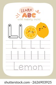 Printable worksheet with cute kawaii fruit theme for kids to trace alphabet letters while learning about healthy fruits fun activity for preschool and kindergarten education.