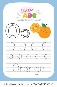 Printable worksheet with cute kawaii fruit theme for kids to trace alphabet letters while learning about healthy fruits fun activity for preschool and kindergarten education.