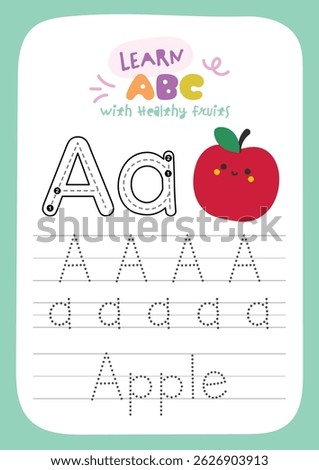 Printable worksheet with cute kawaii fruit theme for kids to trace alphabet letters while learning about healthy fruits fun activity for preschool and kindergarten education.