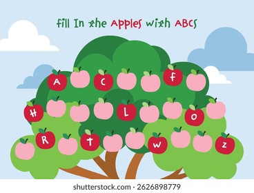Printable worksheet with cute theme to complete missing alphabet letters for kids early education fun learning activities great for writing practice and letter recognition