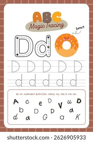 Planilha imprimível com bonito kawaii alfabeto traçando atividade para crianças divertido aprendizado perfeito para pré-escola e jardim de infância para praticar caligrafia e reconhecimento de letras