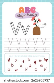 Planilha imprimível com bonito kawaii alfabeto traçando atividade para crianças divertido aprendizado perfeito para pré-escola e jardim de infância para praticar caligrafia e reconhecimento de letras