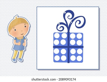 Printable worksheet. Finger painting. Cute cartoon gift box. Vector illustration. Horizontal A4 page Color blue.