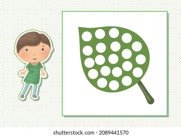 Printable worksheet. Finger painting. Cute cartoon leaf. Vector illustration. Horizontal A4 page Color green