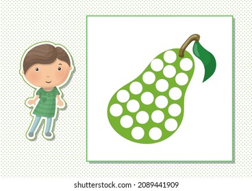 Printable worksheet. Finger painting. Cute cartoon pear. Vector illustration. Horizontal A4 page Color green