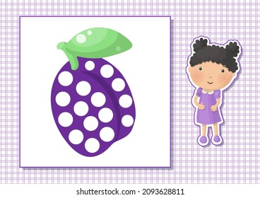 Printable worksheet. Finger painting. Cute cartoon plum. Vector illustration. Horizontal A4 page Color violet.