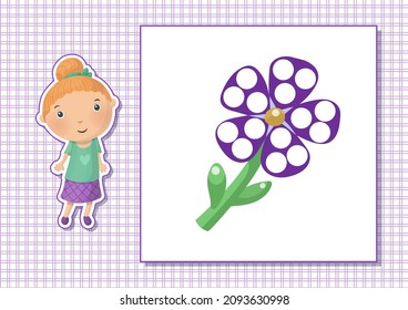 Printable worksheet. Finger painting. Cute cartoon flower. Vector illustration. Horizontal A4 page Color violet.