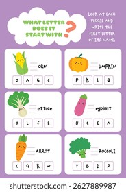 Printable worksheet for kids to search and complete the missing first letters of vegetable names perfect for fun learning early writing and word recognition activities