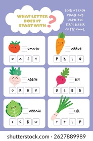 Printable worksheet for kids to search and complete the missing first letters of vegetable names perfect for fun learning early writing and word recognition activities