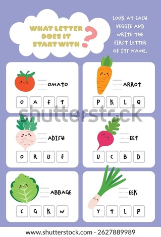 Printable worksheet for kids to search and complete the missing first letters of vegetable names perfect for fun learning early writing and word recognition activities