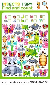 Printable worksheet for kindergarten and preschool book page i spy. Count insects.