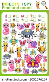 Printable worksheet for kindergarten and preschool book page i spy. Count insects.