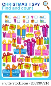 Printable worksheet for kindergarten and preschool book. I spy, children game. Count how many cartoon gift boxes and write the result