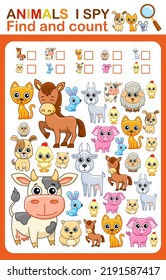 Printable worksheet for kindergarten and preschool book page. I spy. Cute farm animals, vector illustration