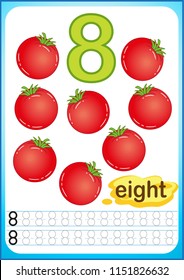 Printable worksheet for kindergarten and preschool. Exercises for writing numbers. Bright Vegetable harvest chili pepper, pumpkin, onion, aubergine, cabbage, tomato, carrot, cucumber, radish, beetroot