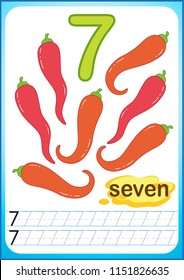 Printable worksheet for kindergarten and preschool. Exercises for writing numbers. Bright Vegetable harvest chili pepper, pumpkin, onion, aubergine, cabbage, tomato, carrot, cucumber, radish, beetroot