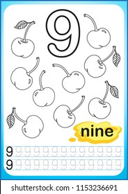 Printable worksheet for kindergarten and preschool. Exercises for writing numbers. Simple level of difficulty. Restore dashed line and color the picture.  Coloring book for kid. Number nine, cherry