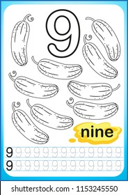 Printable worksheet for kindergarten and preschool. Exercises for writing numbers. Simple level of difficulty. Restore dashed line and color the picture.  Vegetable harvest. number nine, cucumber