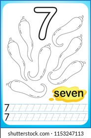 Printable worksheet for kindergarten and preschool. Exercises for writing numbers. Simple level of difficulty. Restore dashed line and color the picture. Vegetable harvest. number seven, chili pepper