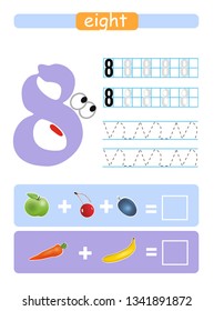 Printable worksheet for kindergarten and preschool. Learning numbers. Eight
