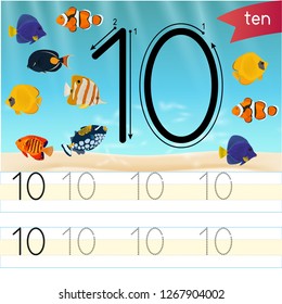 Printable worksheet for kindergarten and preschool. We train to write numbers. Math exercises. Bright figures on a marine background with cute marine life. Vector  