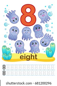 Printable worksheet for kindergarten and preschool. We train to write numbers. Mathe exercises. Bright figures on a marine background with cute marine life.