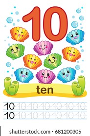 Printable worksheet for kindergarten and preschool. We train to write numbers. Mathe exercises. Bright figures on a marine background with cute marine life.