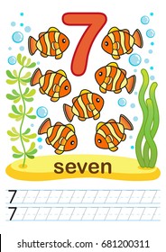 Printable worksheet for kindergarten and preschool. We train to write numbers. Mathe exercises. Bright figures on a marine background with cute marine life.