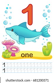 Printable worksheet for kindergarten and preschool. We train to write numbers. Mathe exercises. Bright figures on a marine background with cute marine life.