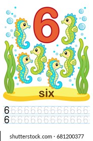 Printable worksheet for kindergarten and preschool. We train to write numbers. Mathe exercises. Bright figures on a marine background with cute marine life.