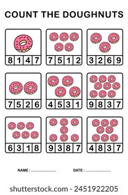 Printable worksheet Number count doughnut or donuts for Kindergarten and Preschool, Printing size A4