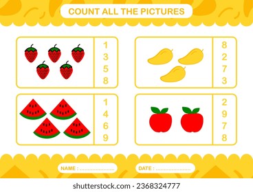 Hoja de cálculo Imprimible Número de recuento y coincidencia con frutos para jardines de infancia y preescolar, Tamaño de impresión A4 color amarillo