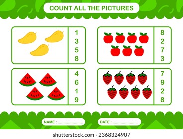 Hoja de cálculo Imprimible Número de recuento y coincidencia con frutos para jardines de infancia y preescolar, Tamaño de impresión A4 color verde