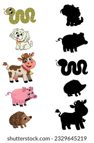 Printable worksheet for preschool children in shadow match the animals theme. Vector illustration.