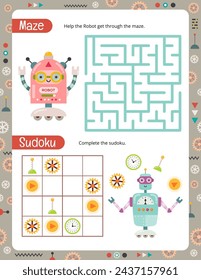 Druckbares Arbeitsblatt mit Roboter Aktivitäten - Maze, Sudoku. Aktivitätsseiten für Kinder. Vektorgrafik.