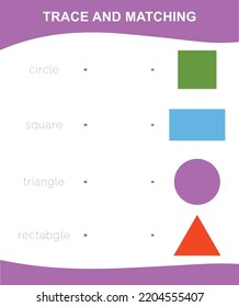Printable worksheet trace and matching words with the images. Educational printable worksheet introduction the shapes. Basic shapes Preschool Education. Vector illustration.