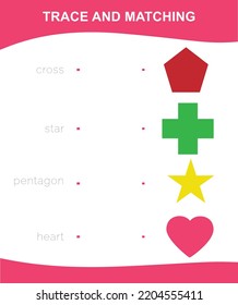 Printable worksheet trace and matching words with the images. Educational printable worksheet introduction the shapes. Basic shapes Preschool Education. Vector illustration.