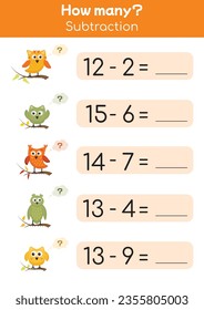 Druckbare Arbeitsblätter für Kinder, Mathematik-Aktivitäten, Lernen von Mathematik-Spielen. Farbige Unterrichtsmaterialien, Praxissubtraktion, Addition. Geeignet für Vorschulen, Kindergärten, Hausunterricht. Wie viele.