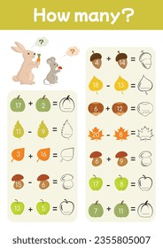 Printable worksheets for kids, math activities, learning math games. Colorful educational materials, practice subtraction, addition. Suitable for preschools, kindergartens, homeschooling. How many.