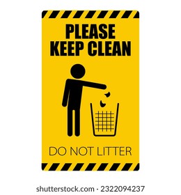 Printable yellow rectangle sign of do not litter, keep clean with illustration of man throw trash in the basket