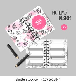 Printables with cat breeds. Organizer design for girls Notes for cat lovers Vector illustration Cute kitten sketch