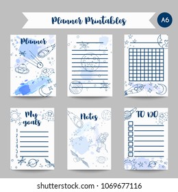 Printables Space theme planner with Hand Drawn Illustrations. Planets and ships drawings on journal. To do list template Vector