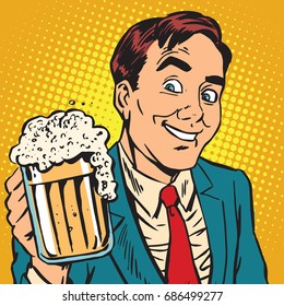 Printavatar portrait man with a mug of foaming beer. Pop art retro vector illustration