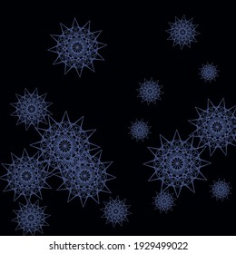 PrintBlack Colorful Sharp Composition Folk. Ornamento de invierno caótico del Año Nuevo Popular. Papel de fondo azul gótico de Navidad con copas de nieve oscuro en el cielo. El Mandala Frío Indigo Indigo Ingiere el fondo.