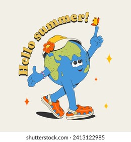 Print,card, poster,sticker "hello, summer".Cute cartoon character planet earth in a funny panama hat,sandals and with a butterfly on his arm.Isolated on a white background.Vector illustration, retro