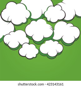 Print.cartoon clouds on a green background.Pop art. Doodle Comics chubby storm cartoon clouds, group.