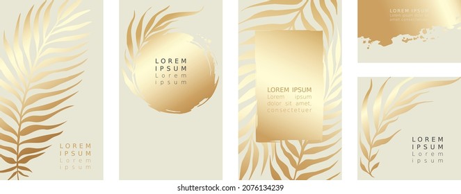 PrintCollection of labels or cards. Vector illustration, set of backgrounds with gold strokes and leaves.	