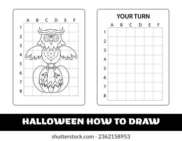 PrintCopy the picture kids game and coloring page with halloween Owl and pumpkin. Owl education Copy the picture game for preschool children..